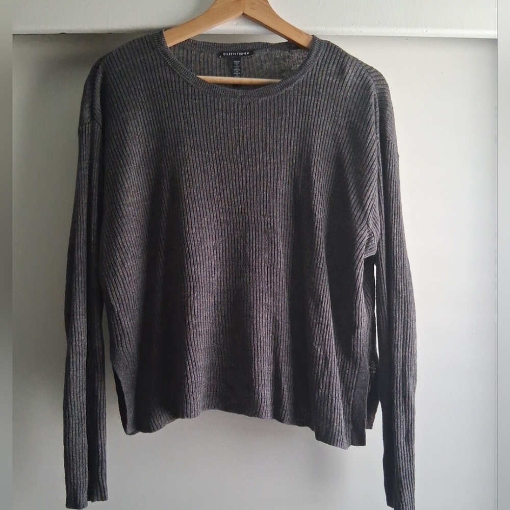 Eileen Fisher Organic Linen Ribbed Knit Sweater Top Dark Gray SP